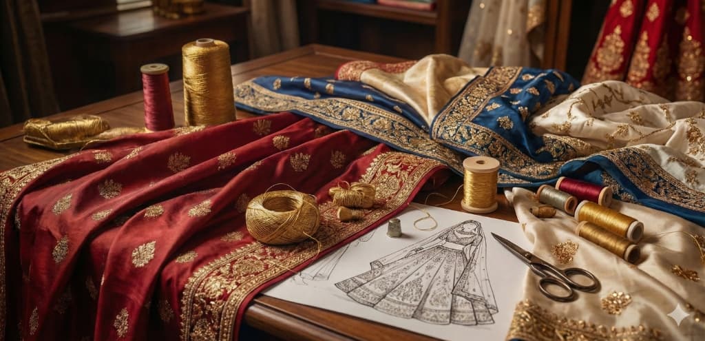 Traditional Indian garments with intricate embroidery and tailoring craftsmanship